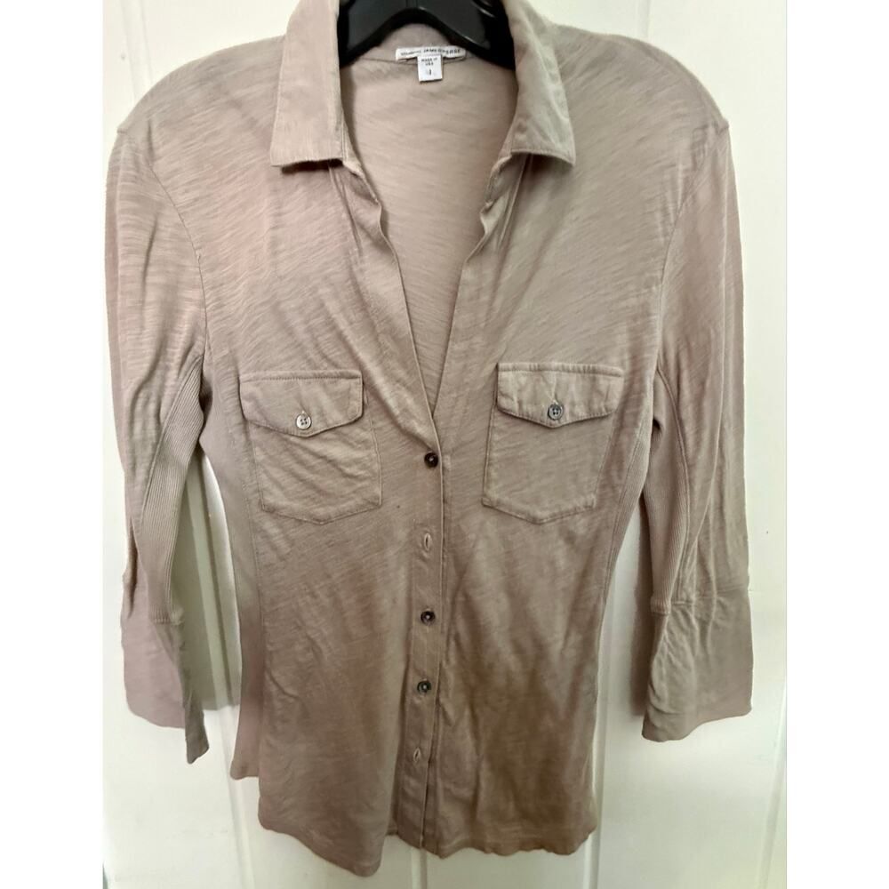 James Perse Standard Slub Cotton Button Down Shirt 3/4 Sleeve Taupe WUA3042 Sz 1